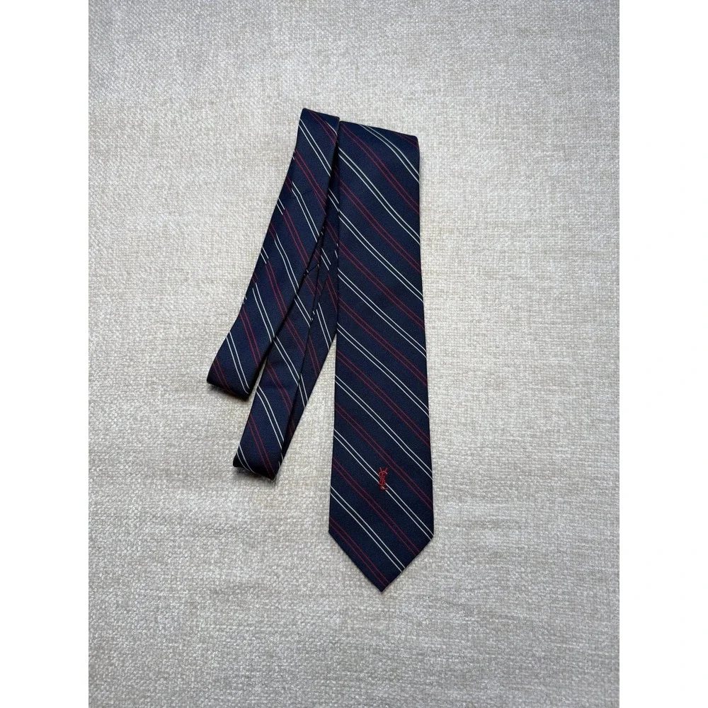 Yves Saint Laurent Silk Tie Navy Red White Diagonal Repp Stripe YSL Logo Vintage